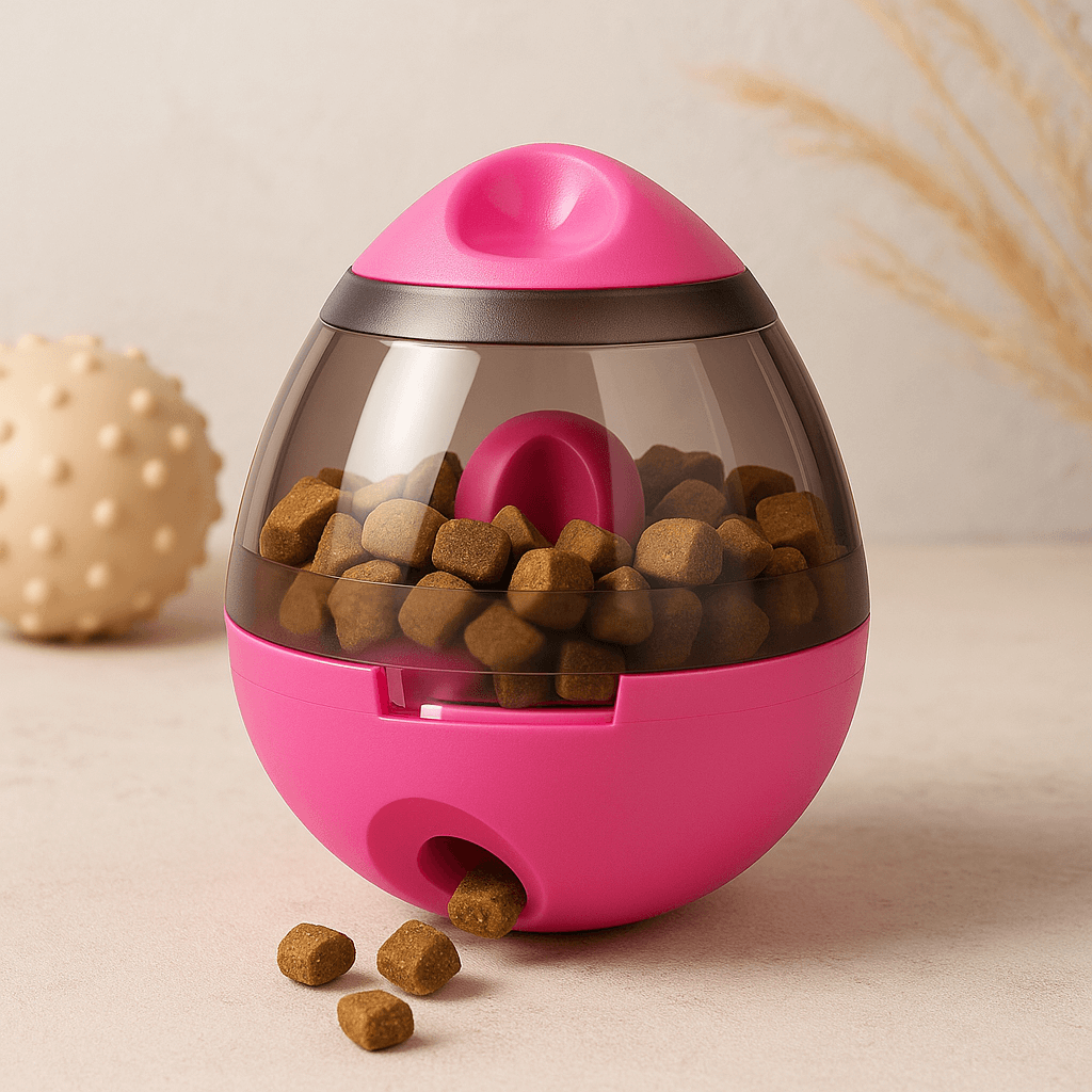 Interactive Pet Treat Ball Food Dispenser in pink with dog treats spilling out.