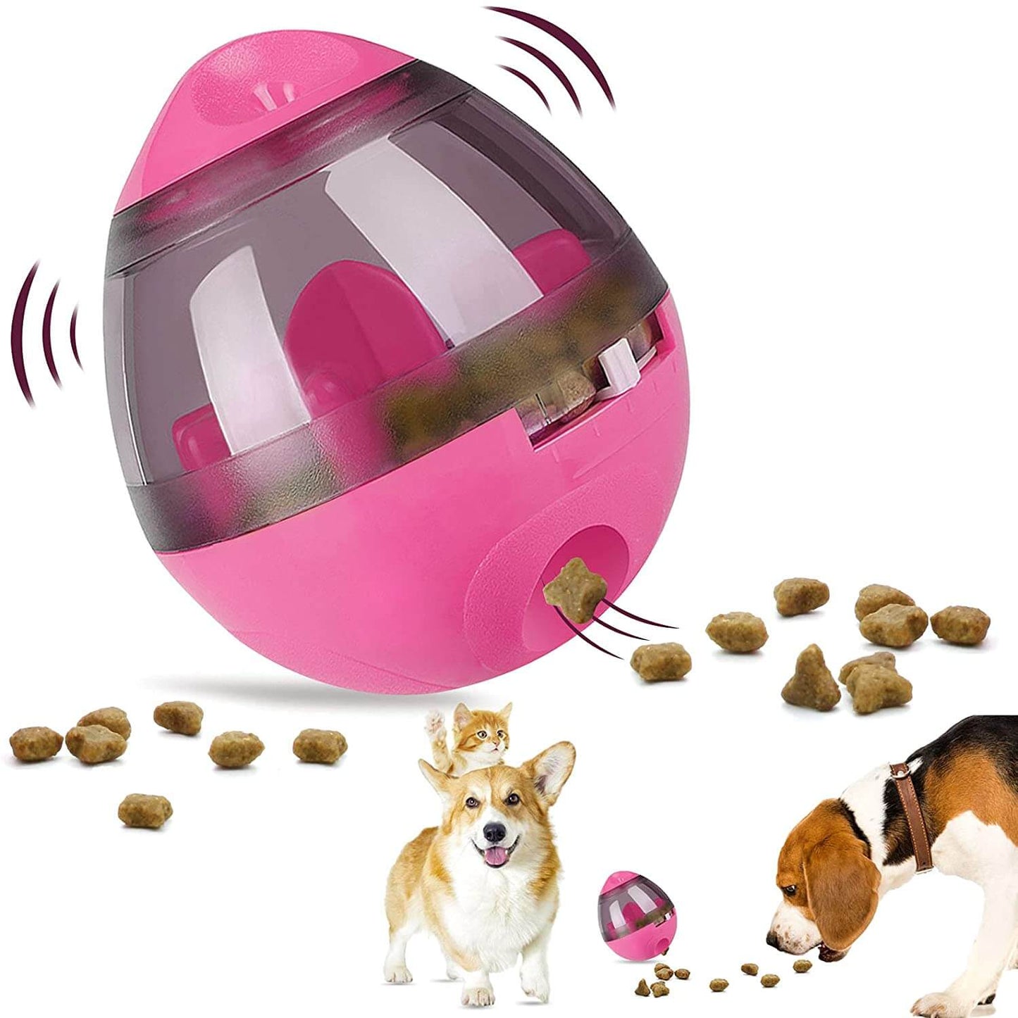 Interactive Pet Treat Ball Food Dispenser in pink, dispensing treats for happy dogs.