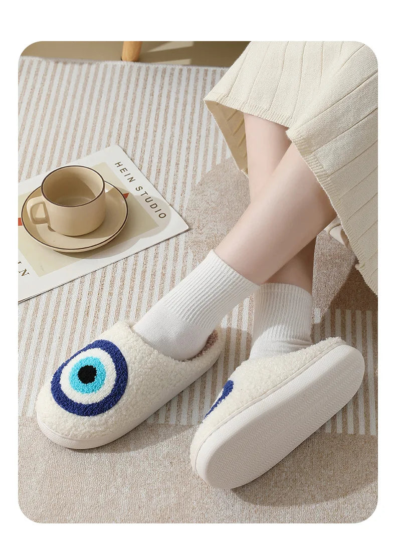 Blue evil eye slippers with plush Ghost Face character design