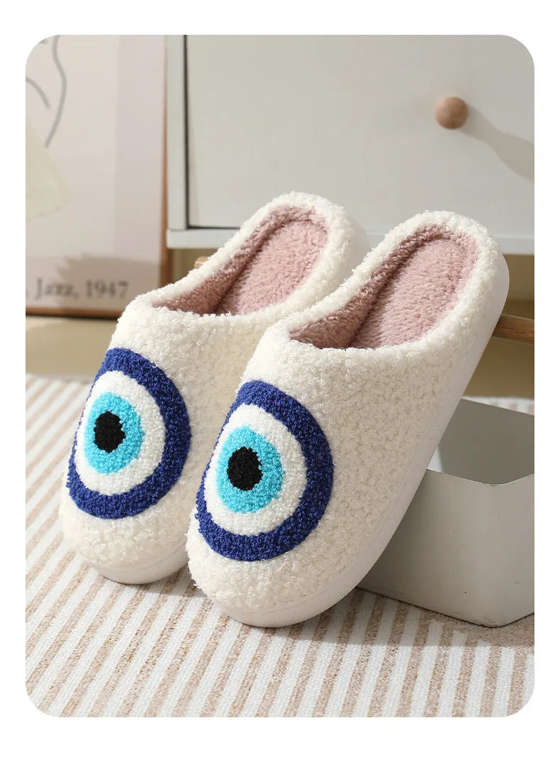 Ghost Face plush slippers with a trendy blue evil eye design