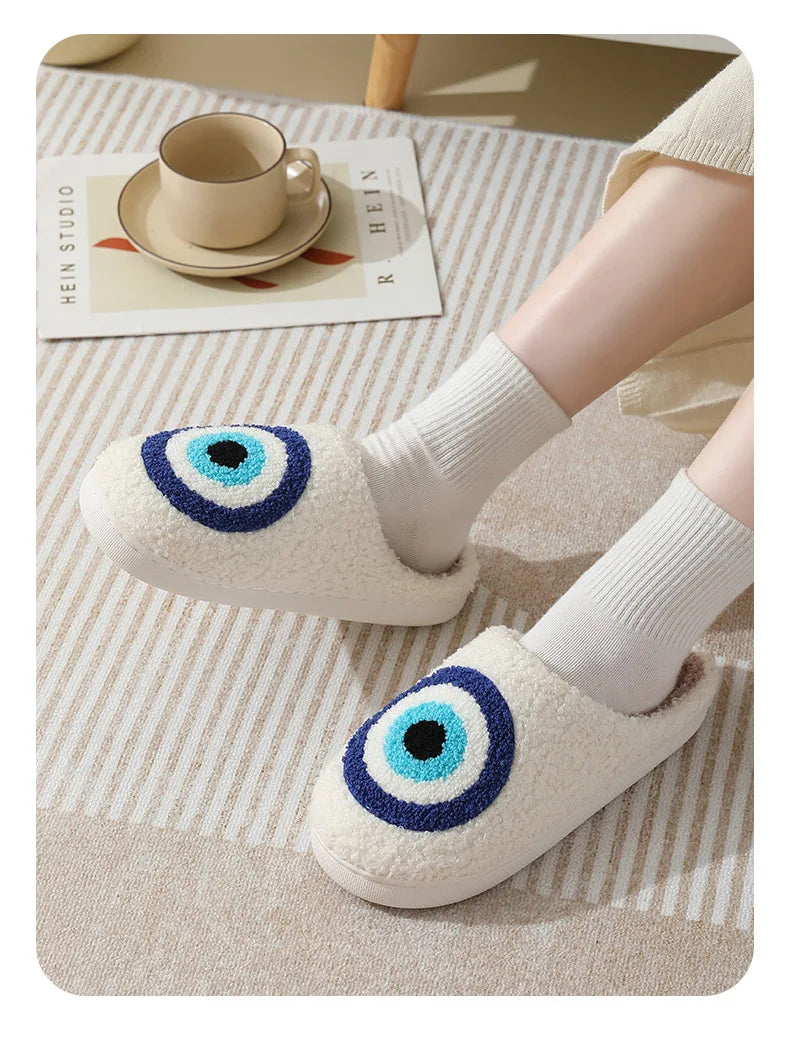 Blue evil eye slippers with plush Ghost Face character design