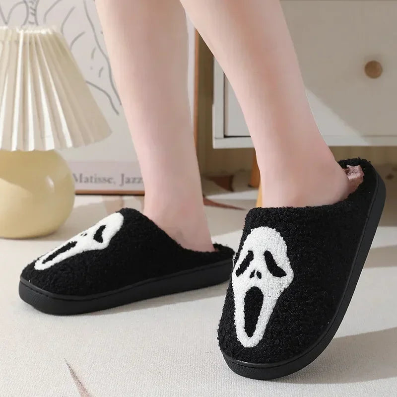 Unisex fuzzy slippers with blue evil eye and non-slip grip