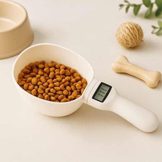 Smart Pet Food Measuring Scoop with dog food for accurate portion control and healthy feeding.