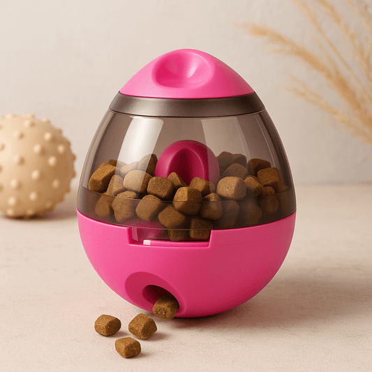 Interactive Pet Treat Ball Food Dispenser in pink with dog treats spilling out.