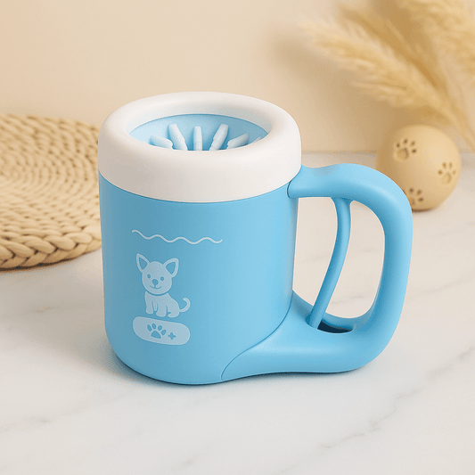 Portable Dog Paw Cleaner in blue with soft bristles for gentle paw cleaning, designed for easy use anytime.