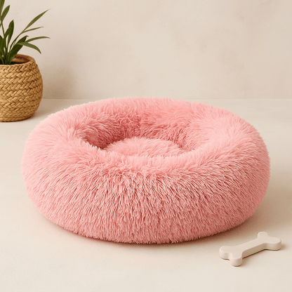 Calming Donut Bed for Dogs & Cats with plush faux fur surface