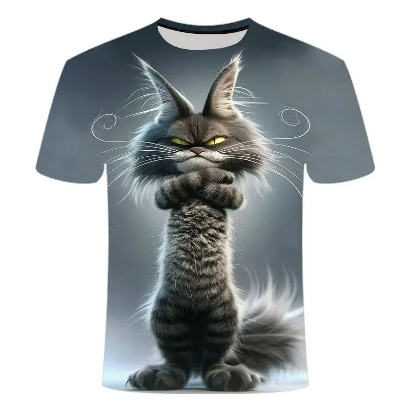 Funny Cat Pattern T-Shirt For Men Personality Animal 3D Printed T Shirts Summer Loose Short Sleeved Tops Casual Round Neck Tees - All Niche Drop