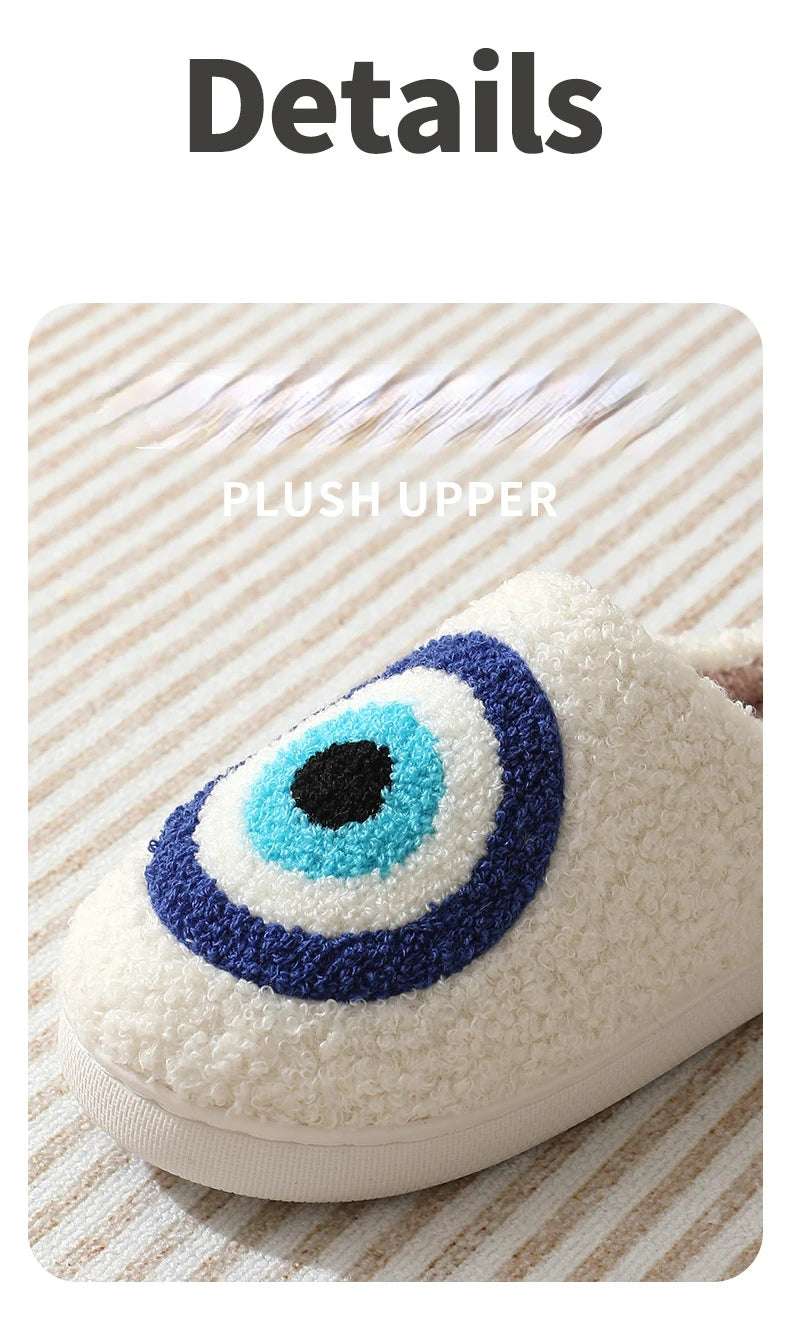 Ghost Face Fuzzy Slippers - Unisex Plush Winter Warm Non-Slip Indoor Shoes for Men/Women (Blue Evil Eye Design)