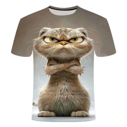 Funny Cat Pattern T-Shirt For Men Personality Animal 3D Printed T Shirts Summer Loose Short Sleeved Tops Casual Round Neck Tees - All Niche Drop