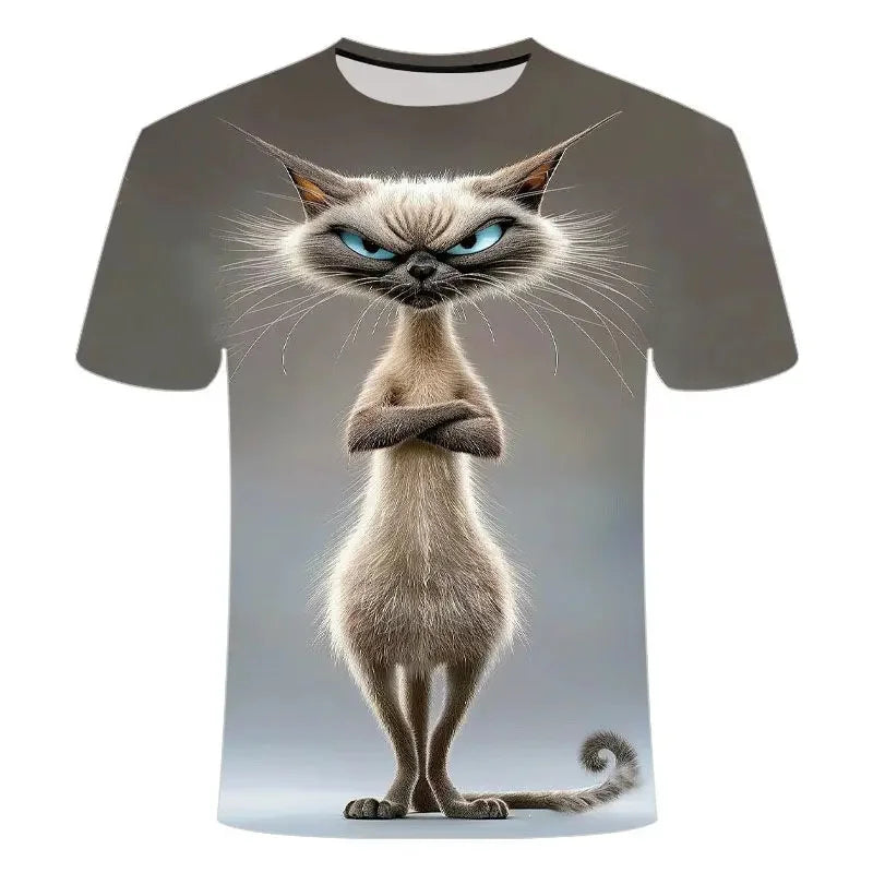 Funny Cat Pattern T-Shirt For Men Personality Animal 3D Printed T Shirts Summer Loose Short Sleeved Tops Casual Round Neck Tees - All Niche Drop