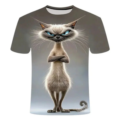 Funny Cat Pattern T-Shirt For Men Personality Animal 3D Printed T Shirts Summer Loose Short Sleeved Tops Casual Round Neck Tees - All Niche Drop