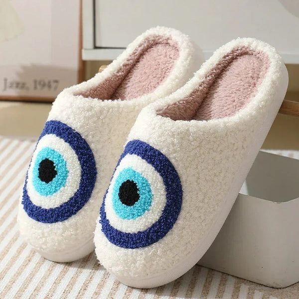 Ghost Face Fuzzy Slippers - Unisex Plush Winter Warm Non-Slip Indoor Shoes for Men/Women (Blue Evil Eye Design)