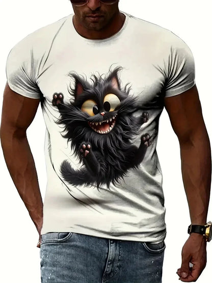 Funny Cat Pattern T-Shirt For Men Personality Animal 3D Printed T Shirts Summer Loose Short Sleeved Tops Casual Round Neck Tees - All Niche Drop