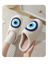 Ghost Face Fuzzy Slippers - Unisex Plush Winter Warm Non-Slip Indoor Shoes for Men/Women (Blue Evil Eye Design)