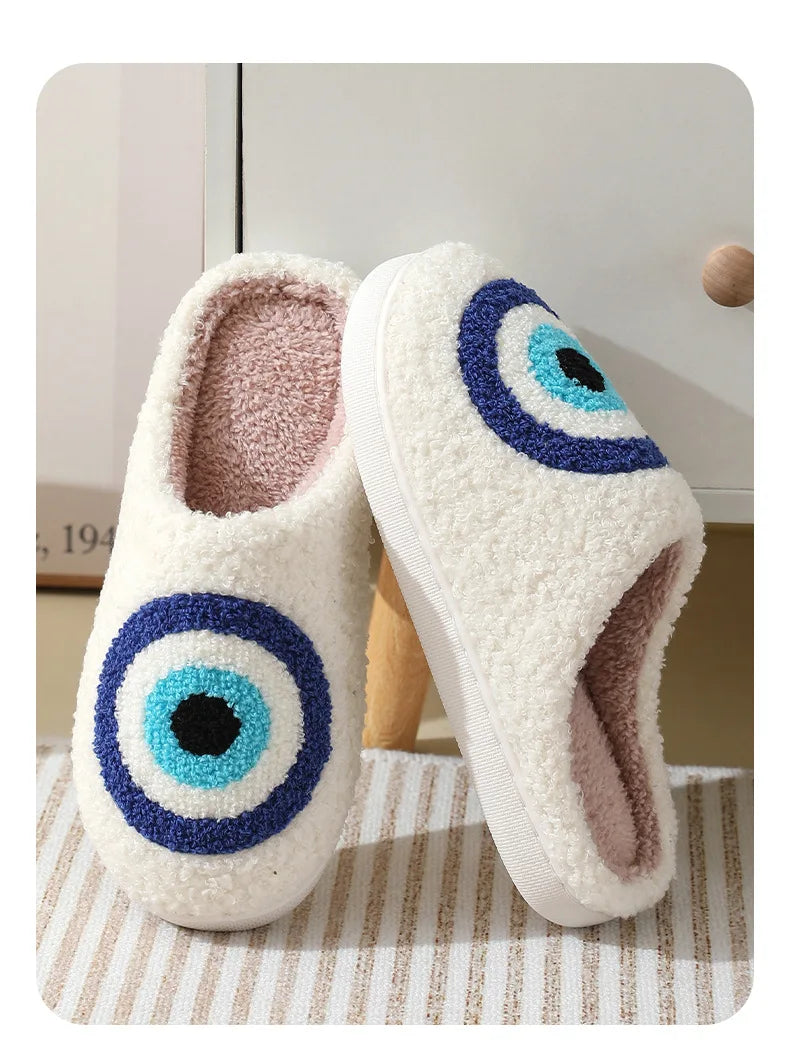 Ghost Face Fuzzy Slippers - Unisex Plush Winter Warm Non-Slip Indoor Shoes for Men/Women (Blue Evil Eye Design)