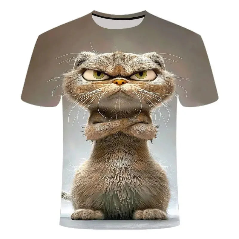 Funny Cat Pattern T-Shirt For Men Personality Animal 3D Printed T Shirts Summer Loose Short Sleeved Tops Casual Round Neck Tees - All Niche Drop