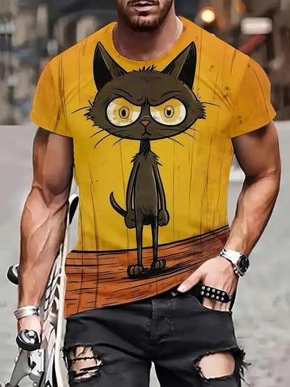 Funny Cat Pattern T-Shirt For Men Personality Animal 3D Printed T Shirts Summer Loose Short Sleeved Tops Casual Round Neck Tees - All Niche Drop