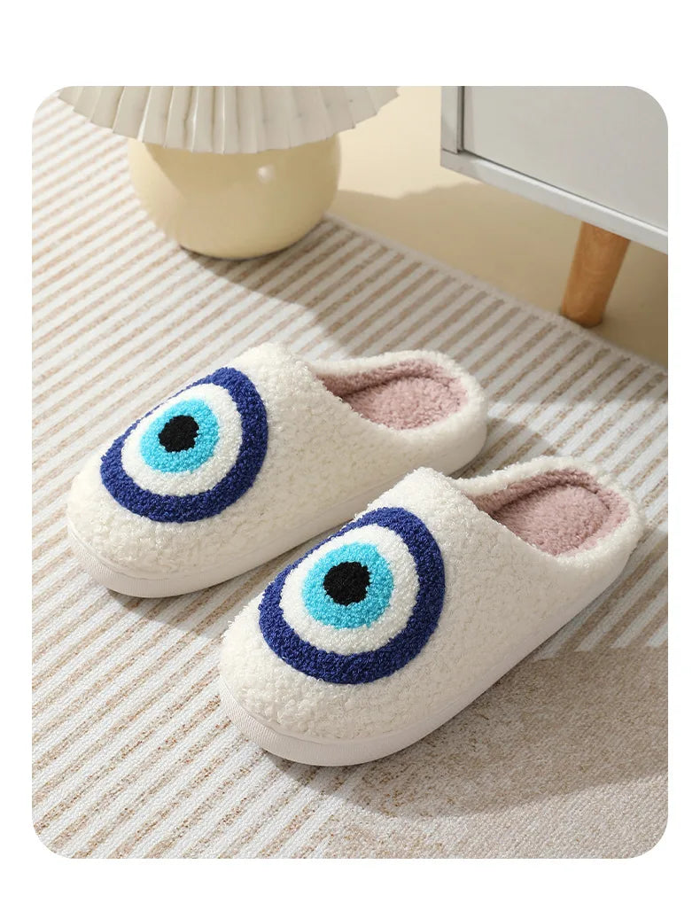 Ghost Face Fuzzy Slippers - Unisex Plush Winter Warm Non-Slip Indoor Shoes for Men/Women (Blue Evil Eye Design)