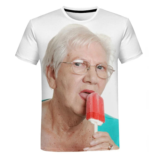 2023 Summer Creative Funny Ladies Licking Red Popsicle 3D Printed T-Shirt Cute Granny Funny Popsicle T-Shirt Casual Loose Tops - All Niche Drop