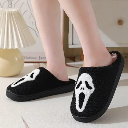 Unisex fuzzy slippers with blue evil eye and non-slip grip