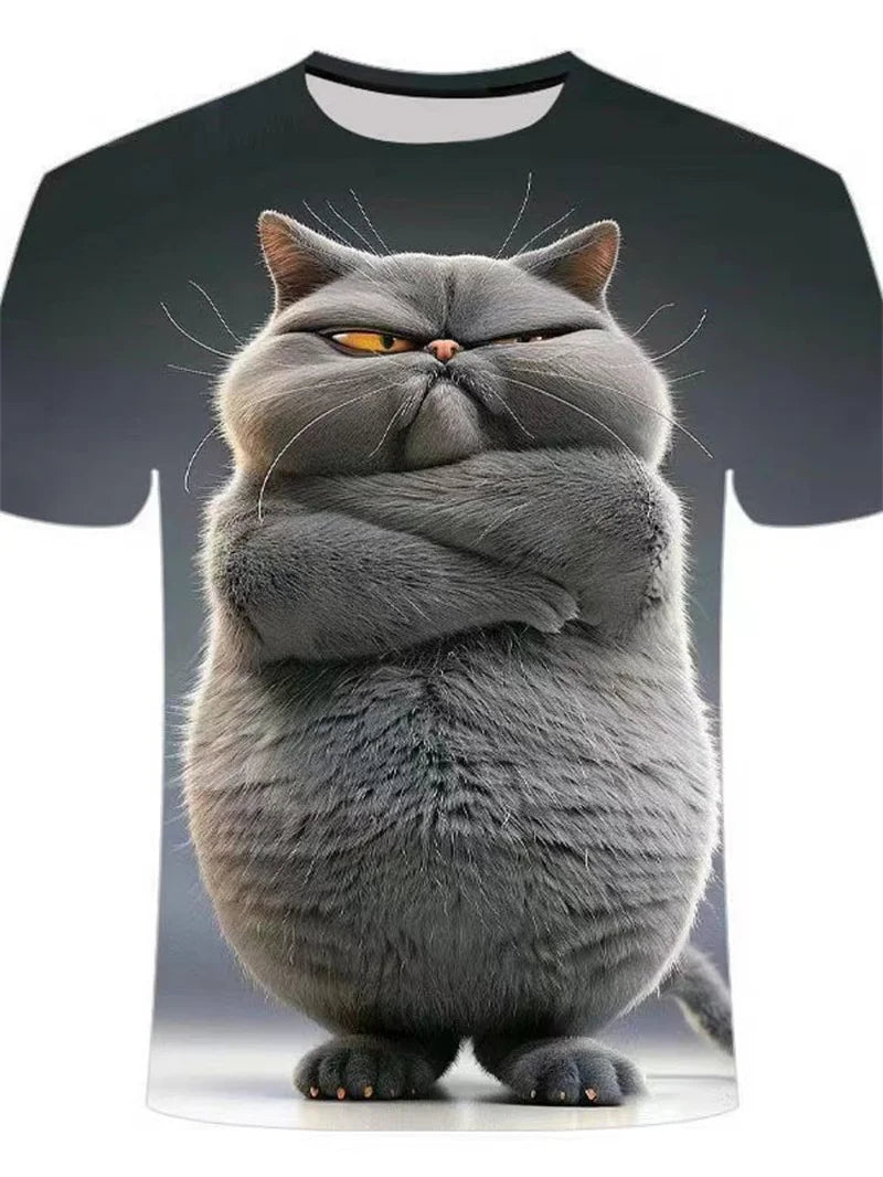 Funny Cat Pattern T-Shirt For Men Personality Animal 3D Printed T Shirts Summer Loose Short Sleeved Tops Casual Round Neck Tees - All Niche Drop