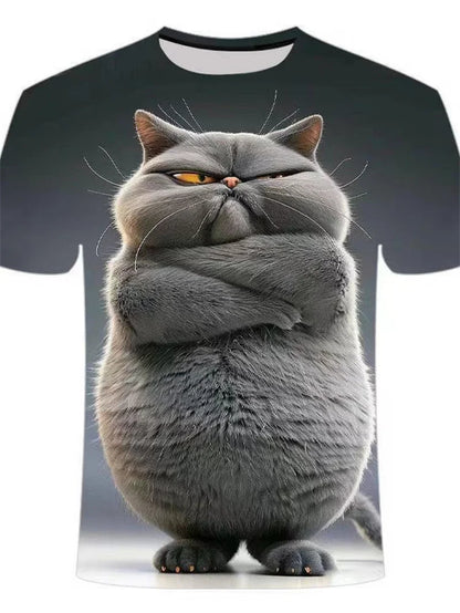 Funny Cat Pattern T-Shirt For Men Personality Animal 3D Printed T Shirts Summer Loose Short Sleeved Tops Casual Round Neck Tees - All Niche Drop